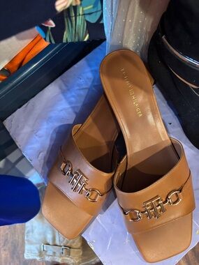 Tommy Hilfiger Brown Slide Mules with Gold Hardware
